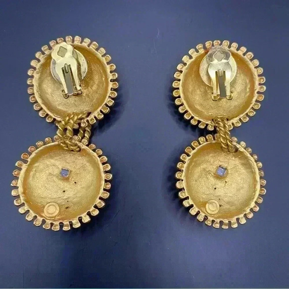 VGT Gold Tone Crystal White Gemstone Round Dangle Statement Earrings - Picture 3 of 7